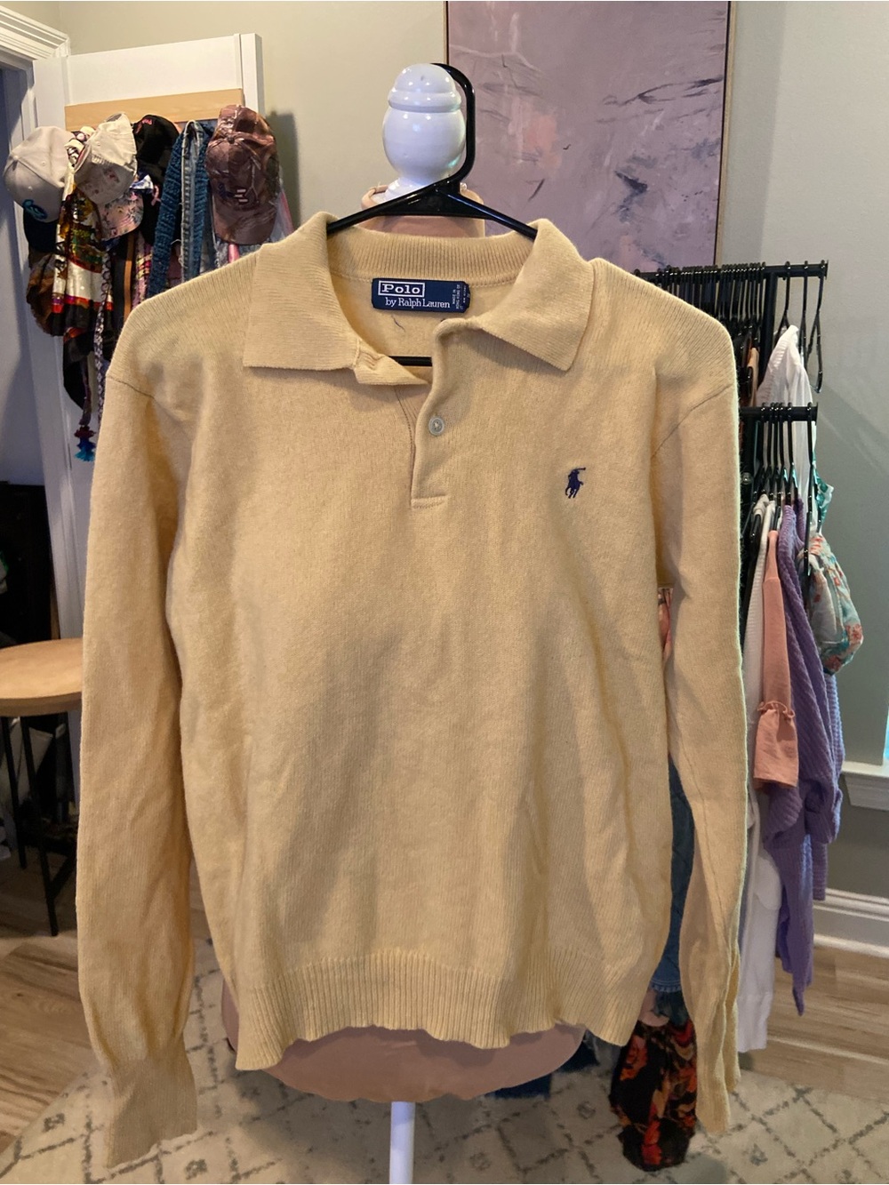 Ralph Lauren V-Neck Polo Sweater in Pale Yellow with Navy Pony